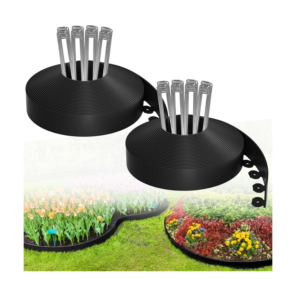 100FT Landscape Edging Kit, 1.5”No-Dig Garden Edging Border with 150 Stainless Steel Stakes, 2 x 50FT Flexible Lawn