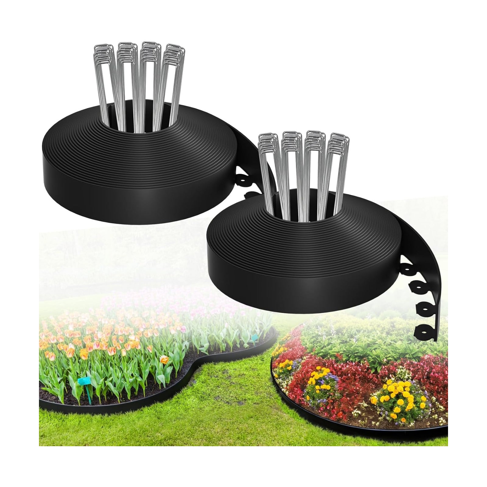 100FT Landscape Edging Kit, 1.5”No-Dig Garden Edging Border with 150 Stainless Steel Stakes, 2 x 50FT Flexible Lawn
