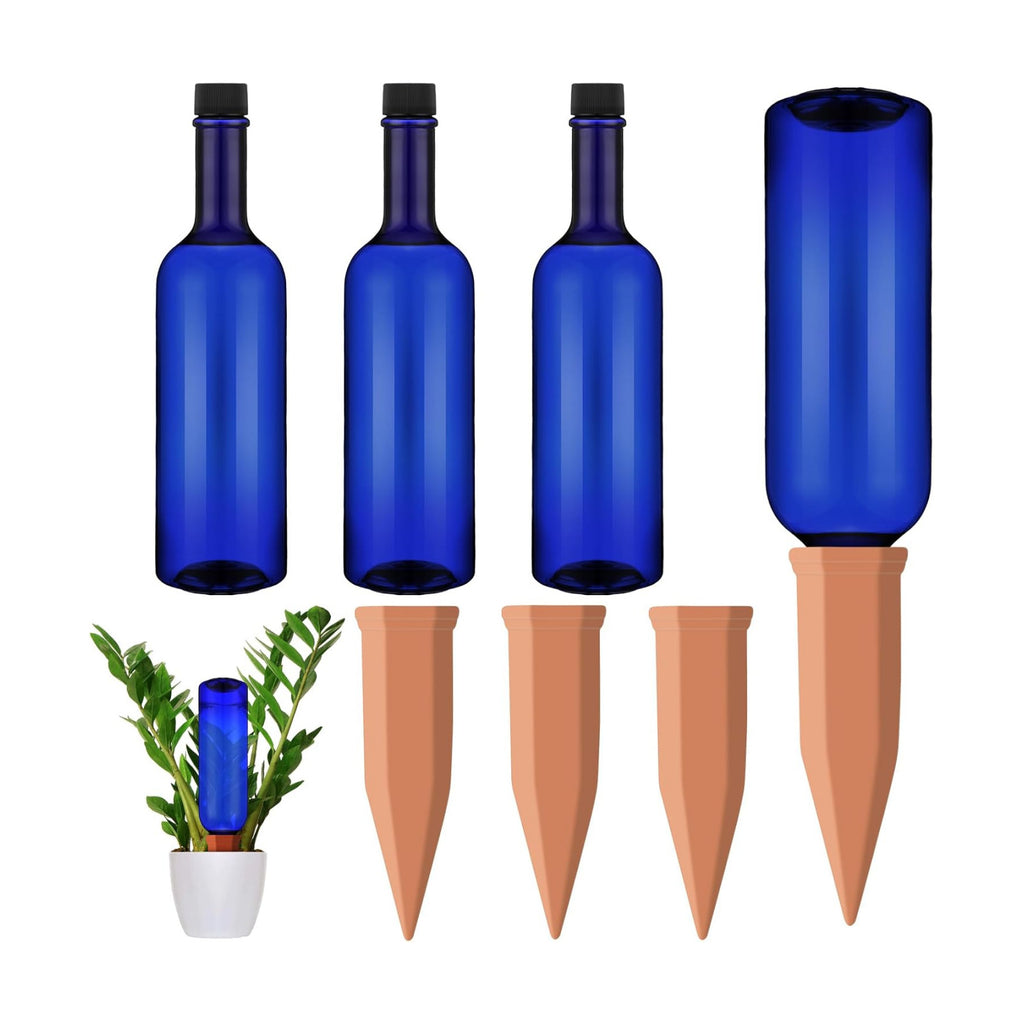 SiliFine 3 Sets Terracotta Watering Spikes,Blue and Terracotta | 26 oz Bottles for Slow Release Watering, Self Watering