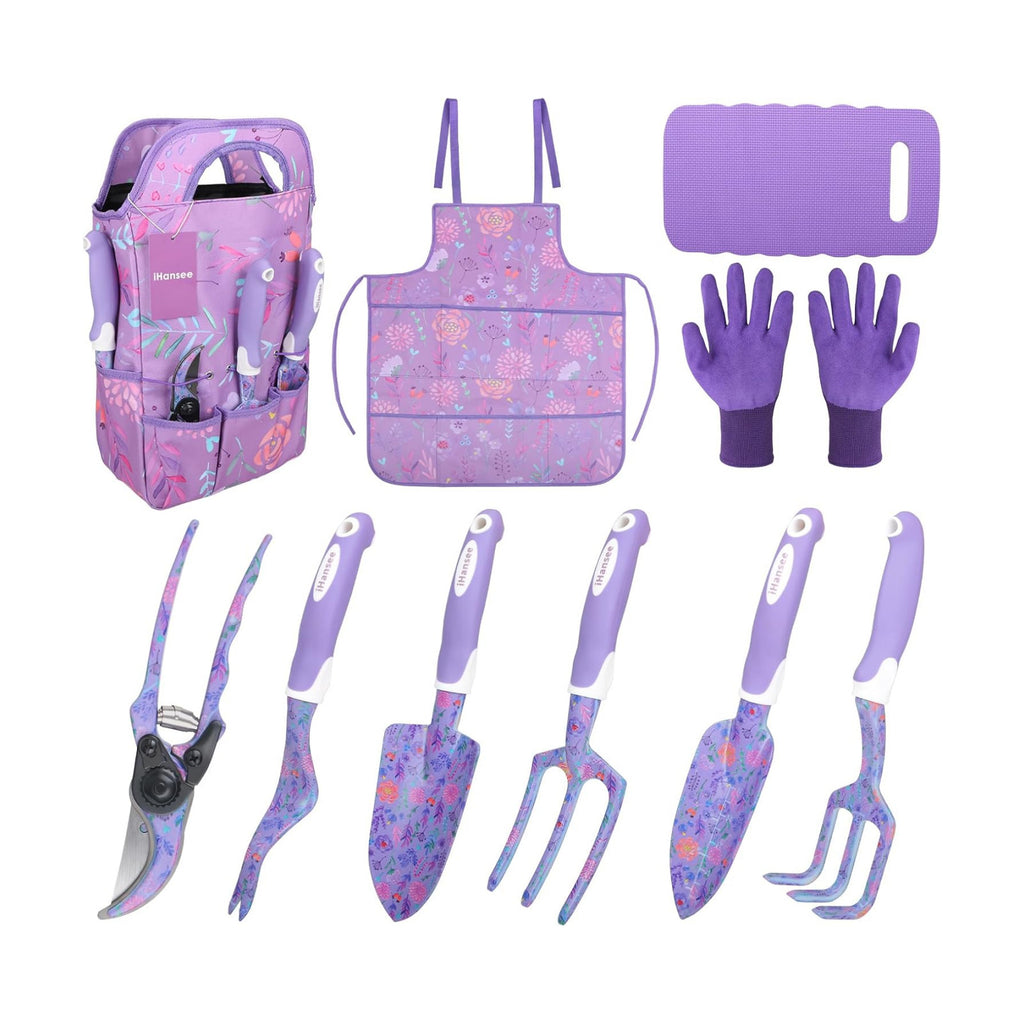 Purple Garden Tools Set 10 Pieces, Gardening Gifts for Women | Aluminum Alloy Steel Hand Tool Kit w/Non-Slip Ergonomic