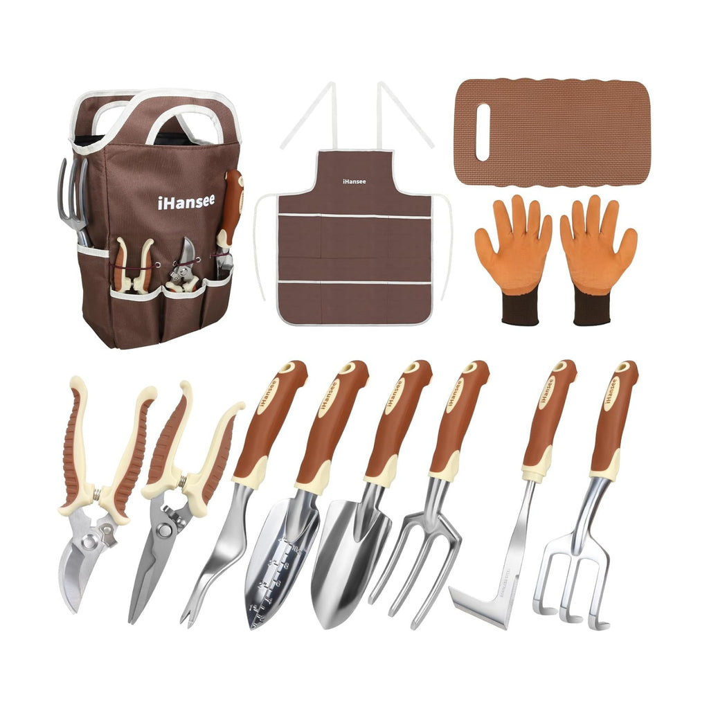 Brown Garden Tools Set 12-Piece, Gardening Gifts for Women Men | Aluminum Garden Hand Tool Kit with Non-Slip Ergonomic