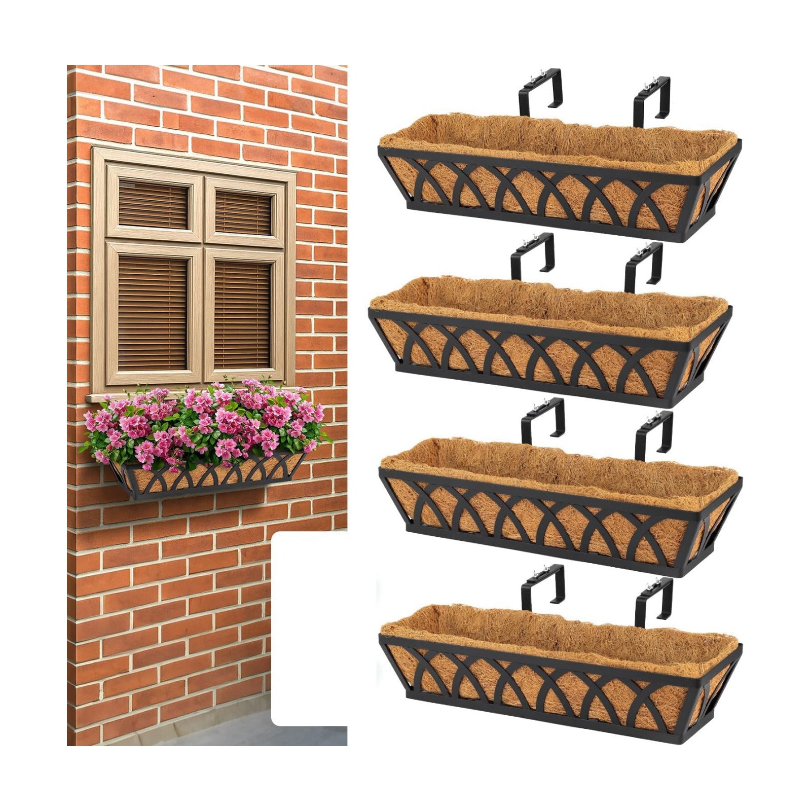 4 Pack 32IN Window Box Planter Basket w/Adjustable Brackets (S1) | Adjustable Brackets, Hanging Flower Planter Basket