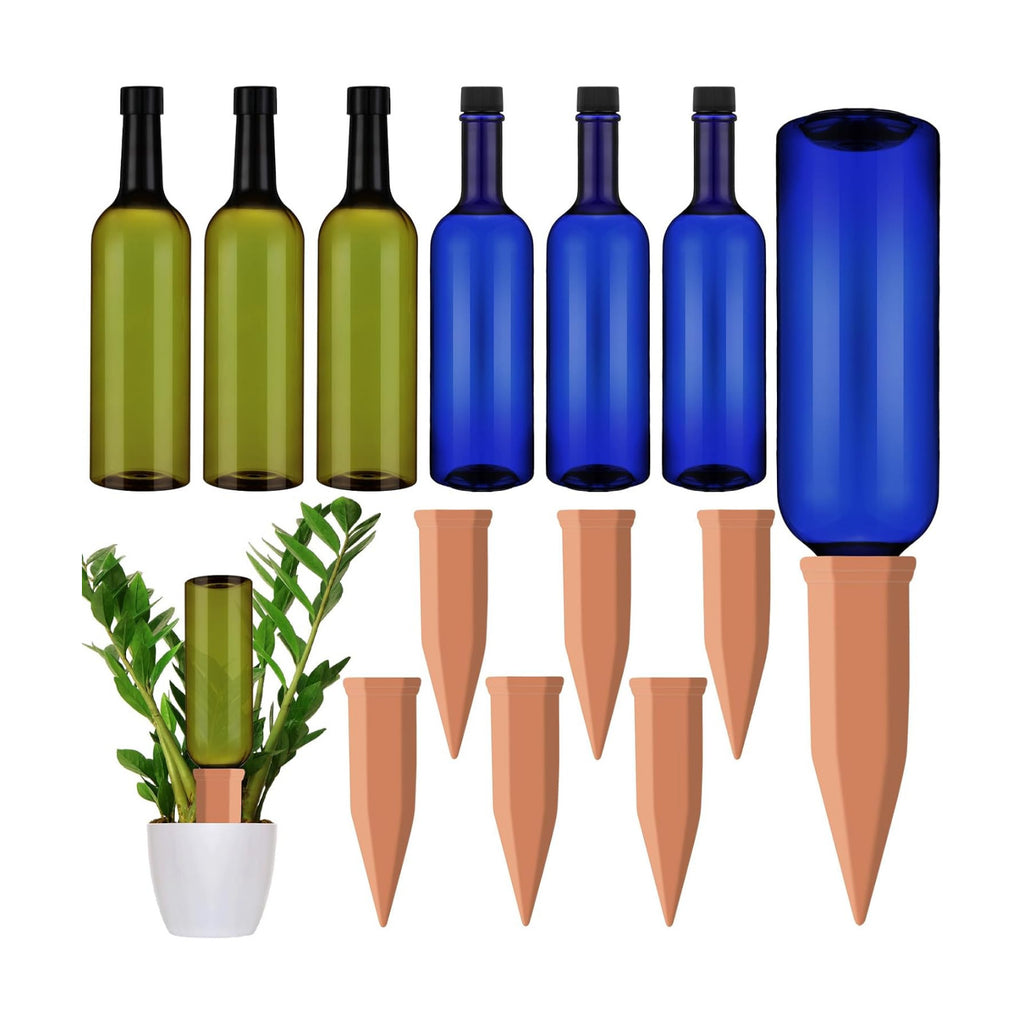 SiliFine 6 Sets Terracotta Watering Spikes,Blue Green and Terracotta | 26 oz Bottles for Slow Release Watering, Self