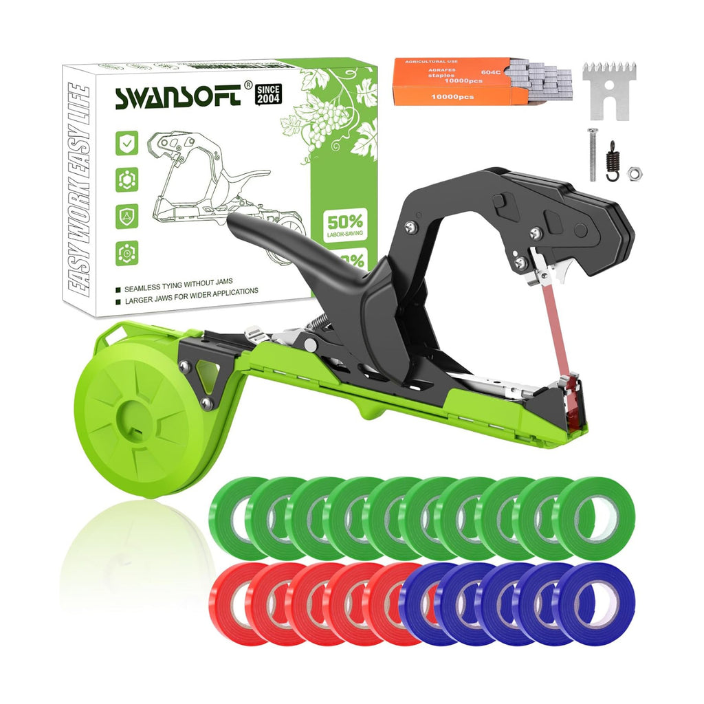 SWANSOFT Plant Tying Machine, Come with 10000pcs Staples 20 Rolls (Green) | Lightweight Plant Vine Tying Tape Machine