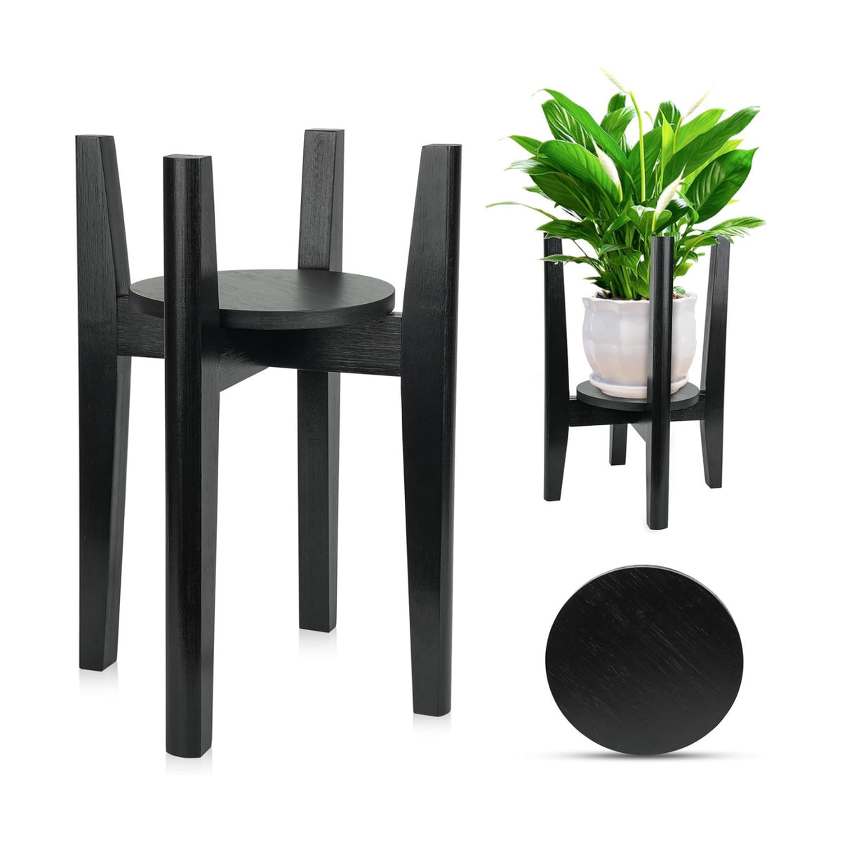 Adjustable Plant Stand with Tray,Indoor Wood Plant Stand Fit 8'' to 12'' Planter,Mid Century Modern Flower Pot Holder Rack(Plant and Pot Not Included),Black