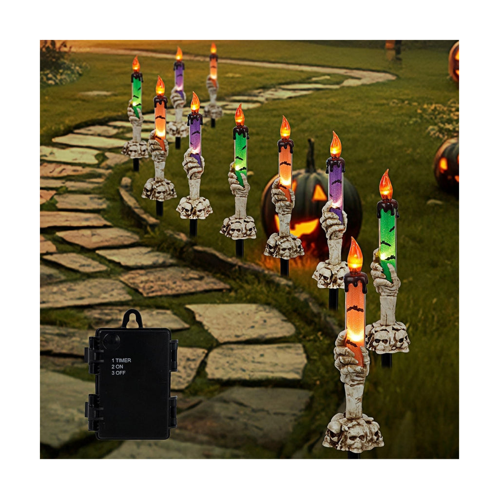WATERGLIDE Halloween Decoration Candle Light Stakes, 10 Pack Skeleton Hands Hold Lighted Candle Pathway Makers, Waterproof Battery Operated with Timer, Light Up Figurine for Outdoor Holiday Party