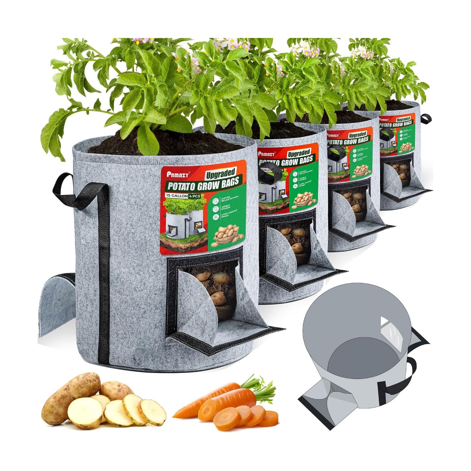 4PCS 15-Gallon Potato Grow Bag-Harvest & Visible Window Garden Planting Bag | Grey Plant Grow Bag with Reinforced
