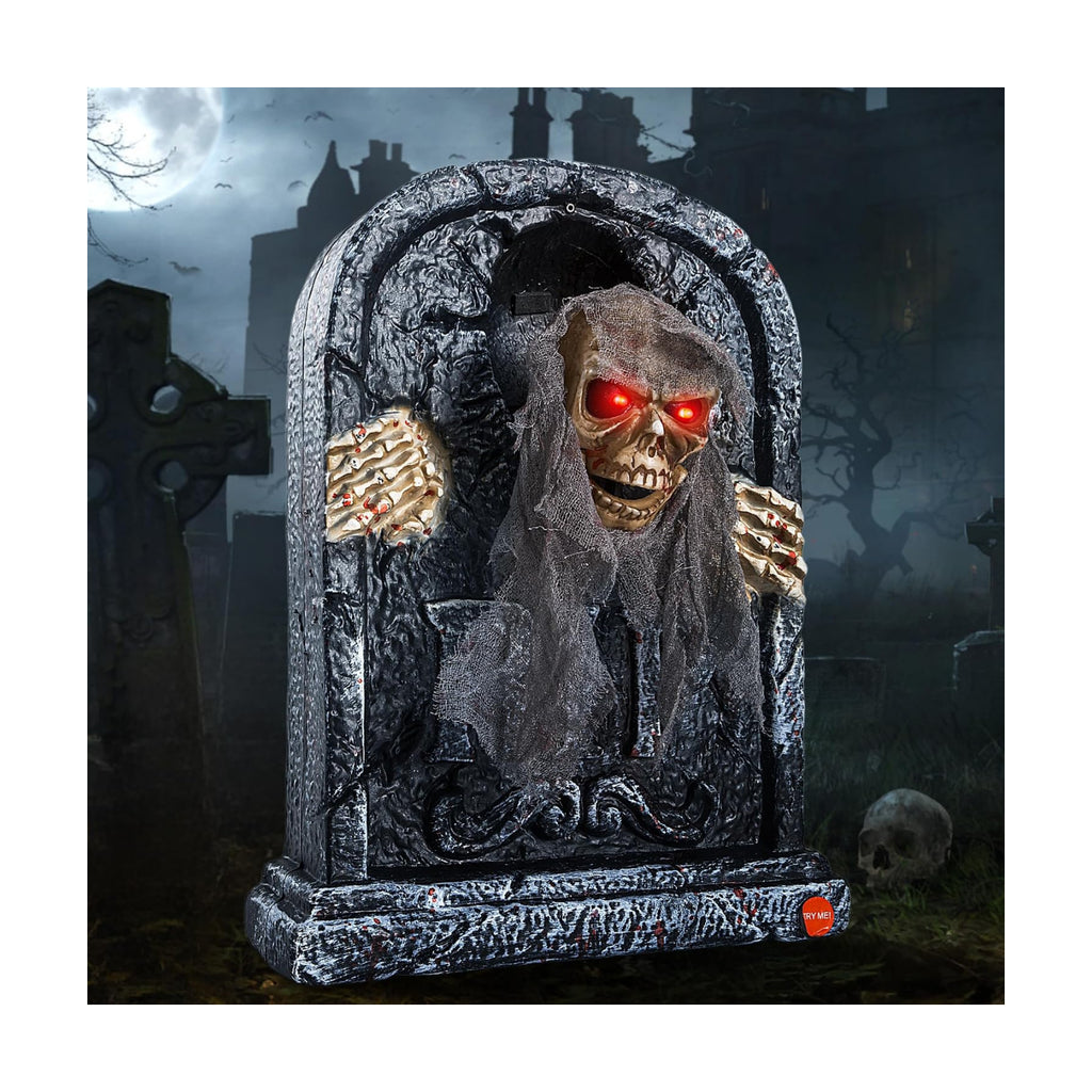 Halloween Animatronic Tombstone with Moving Skeleton - Sensor Activated Animated Scary Prop with Creepy Sound & Light-Up Eyes for Haunted House, Yard,Halloween Party Decor