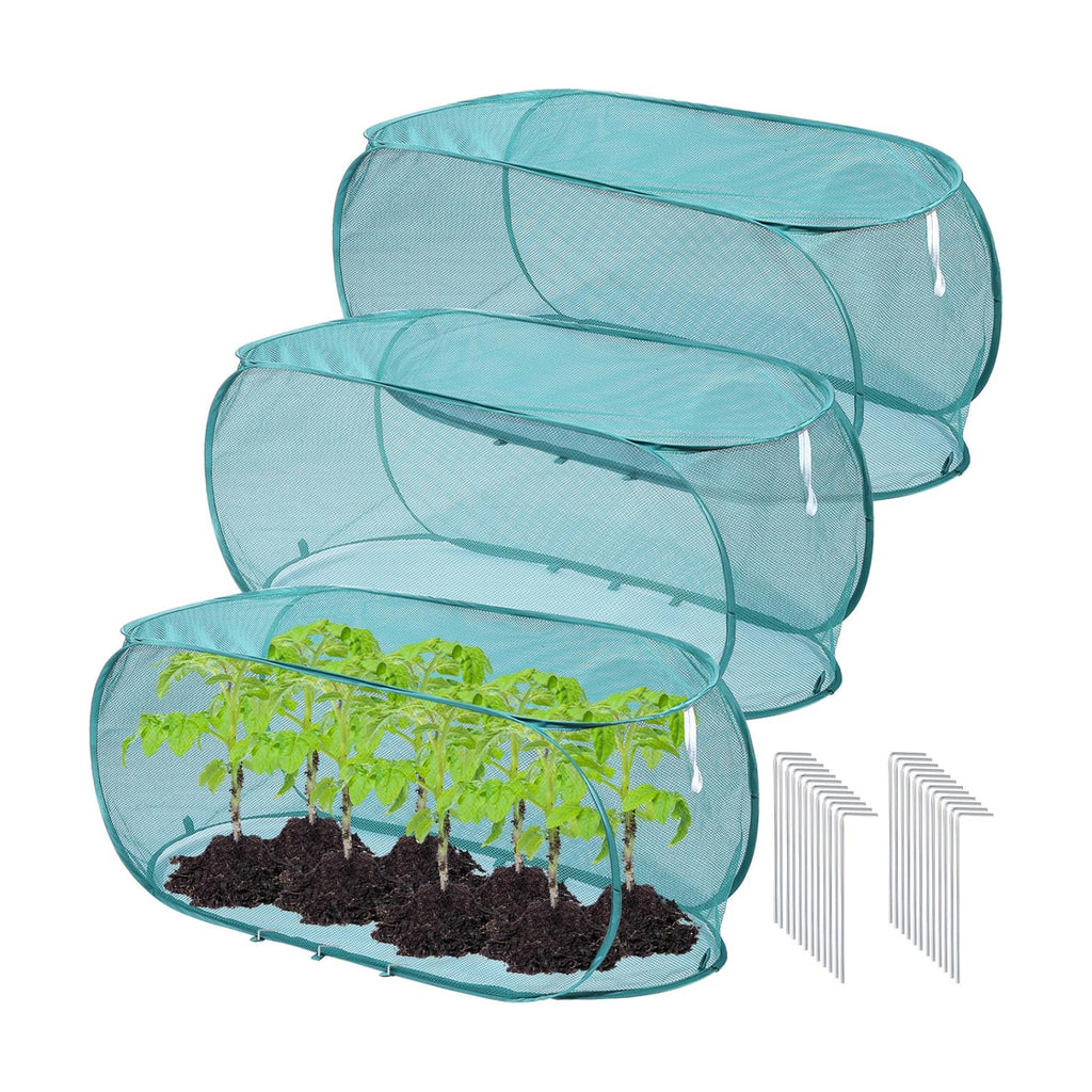 3 Pcs 39" x 18" x 16" Pop Up Garden Plants Cover with 24 Ground Nails, Mesh Netting Covers Net Cage Guard Protector for