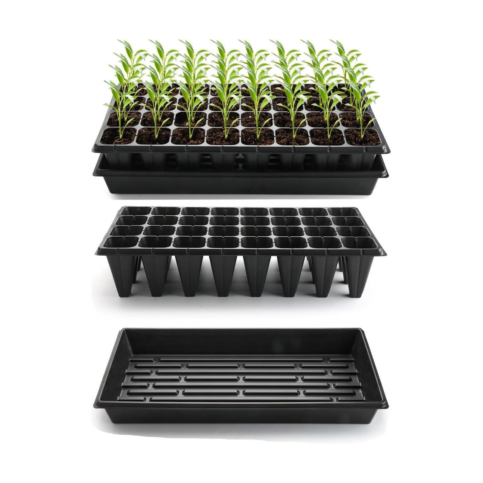 RooTrimmer 10 Pack 1020 Trays No Holes and 10 Pack 4.3" Deep 32 Cell Seed Starter Trays, 20" x 10" - Heavy Duty Plastic
