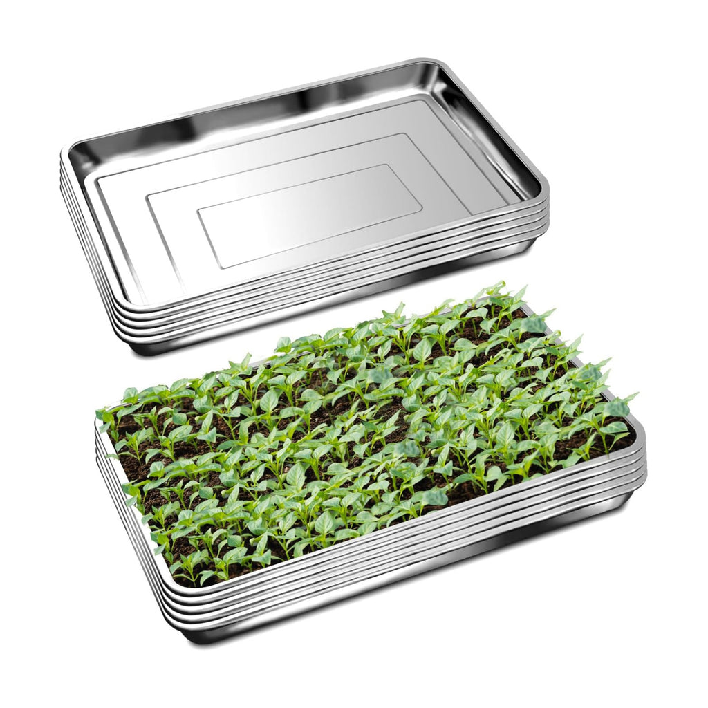 RooTrimmer 10 Pack Large Stainless Steel Seedling Trays, Heavy Duty Metal Water Catch Trays for Nursery Pots