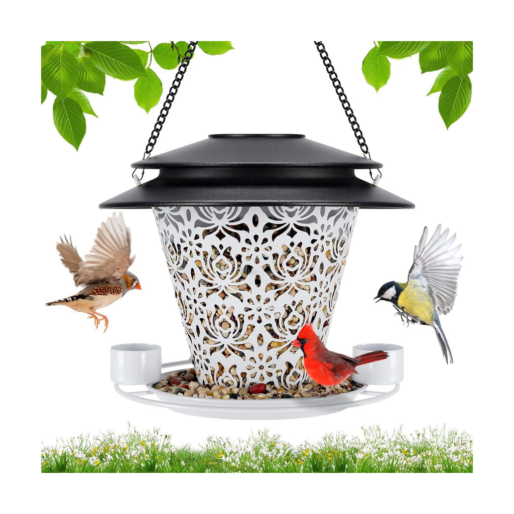 Solar Bird Feeders for Outside Hanging Metal Wild Bird Feeder Solar Lanterns Outdoor Waterproof Garden Decor for Yard White