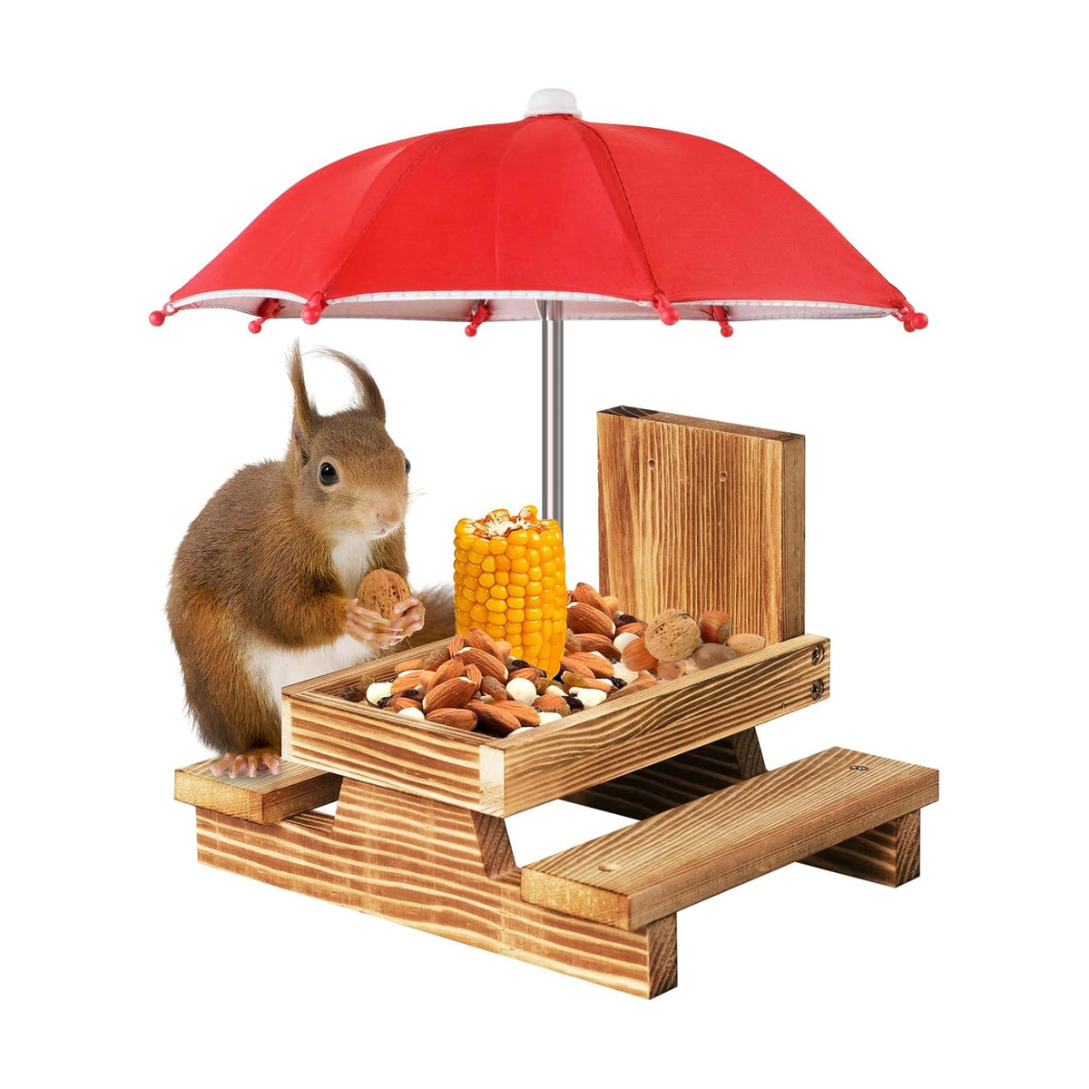Gnodary Squirrel Feeder with Umbrella, Squirrel Feeders for Outside, Squirrel Picnic Table Feeder - Chipmunk Feeder Hold Corn, Corn Cob, Peanuts Style2 (Red)