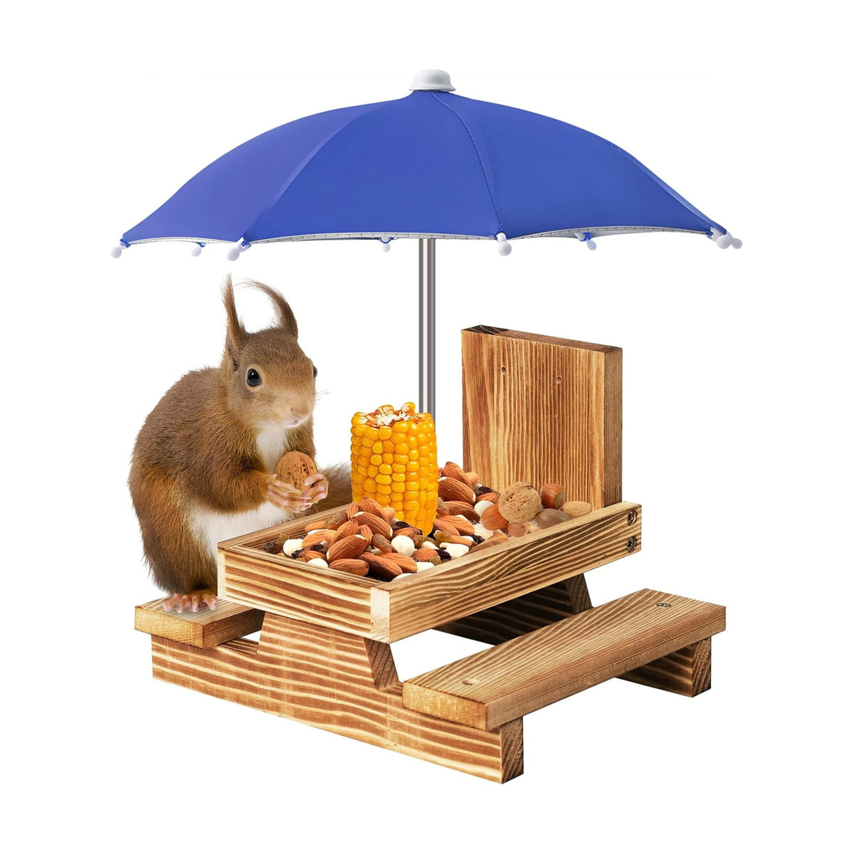 Gnodary Squirrel Feeder with Umbrella, Squirrel Feeders for Outside, Squirrel Picnic Table Feeder - Chipmunk Feeder Hold Corn, Corn Cob, Peanuts Style2 (Blue)