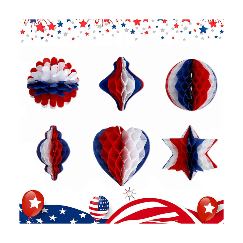 4th of July Decor - Independence Day Honeycomb Pendant Decor Red Blue and White Paper Fans Poms for Fourth of July Patriotic Decorations Wedding Graduation Independence Day 6 Count