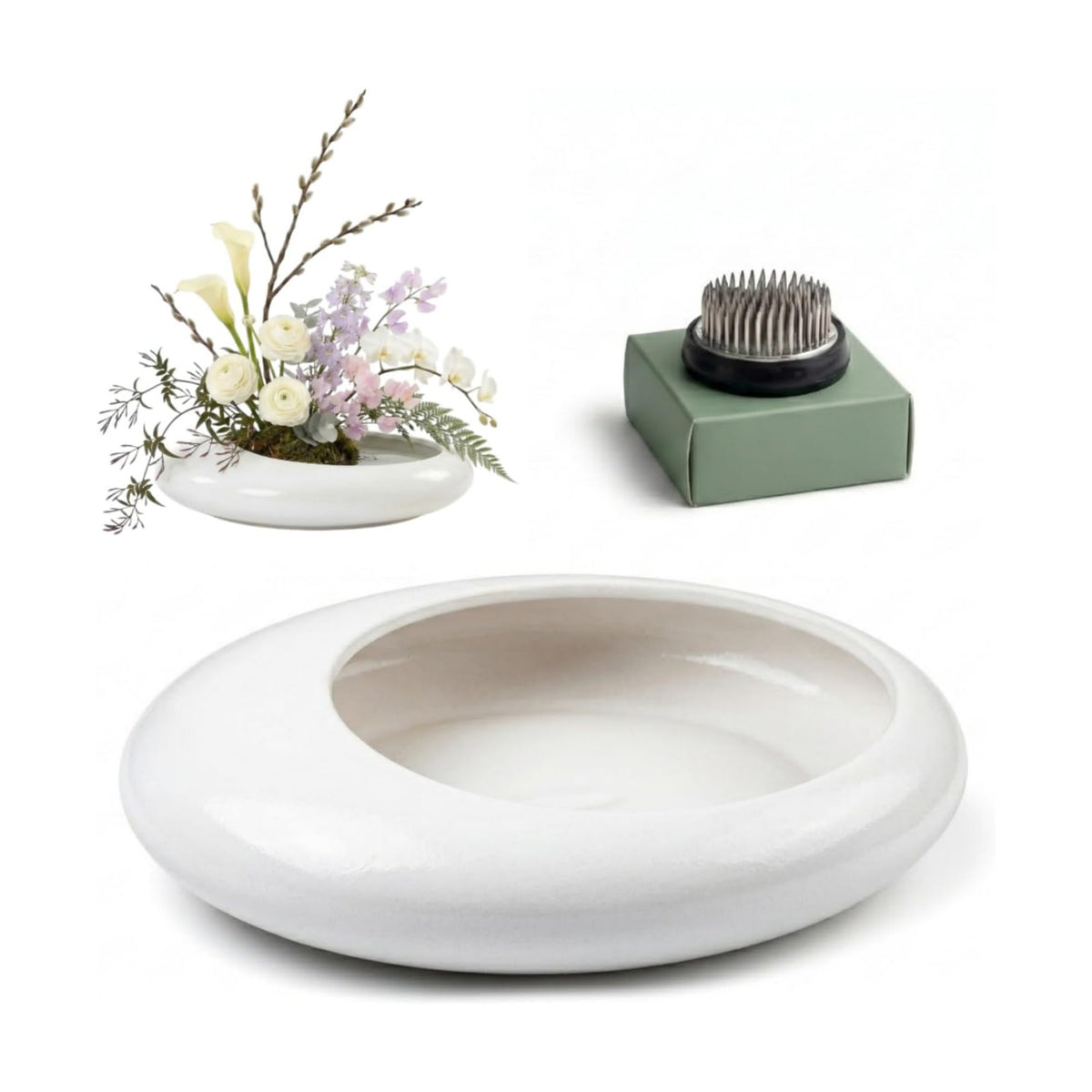 Ikebana Kit, Japanese Oval Vase, 1.8in Floral Frog