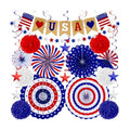 26 PCS 4th of July Decorations, 250th Memorial Day Red White Blue Paper Fans Decorations, 4th of July Banner Pompom Garland and Hanging Swirls Set for Fourth of July Independence Day Decor