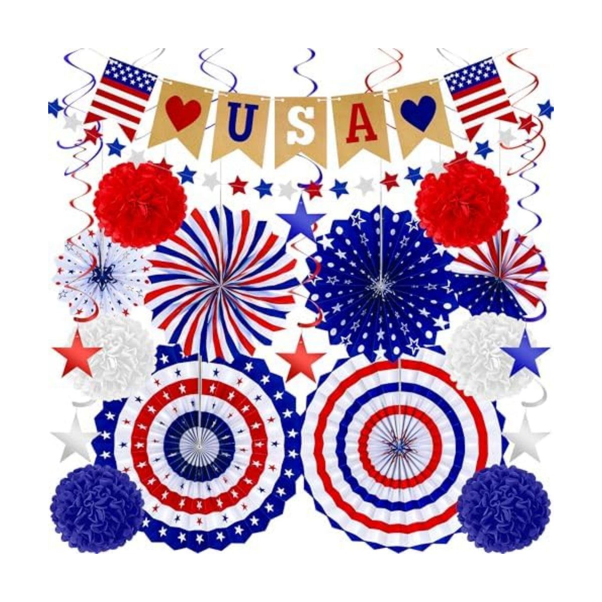 26 PCS 4th of July Decorations, 250th Memorial Day Red White Blue Paper Fans Decorations, 4th of July Banner Pompom Garland and Hanging Swirls Set for Fourth of July Independence Day Decor