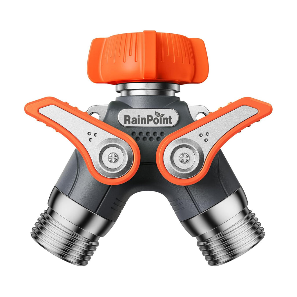 RAINPOINT Garden Hose Splitter, 2 Way Heavy Duty Water Hose Y Spigot Splitter with Shutoff Valves, 100% Metal Body