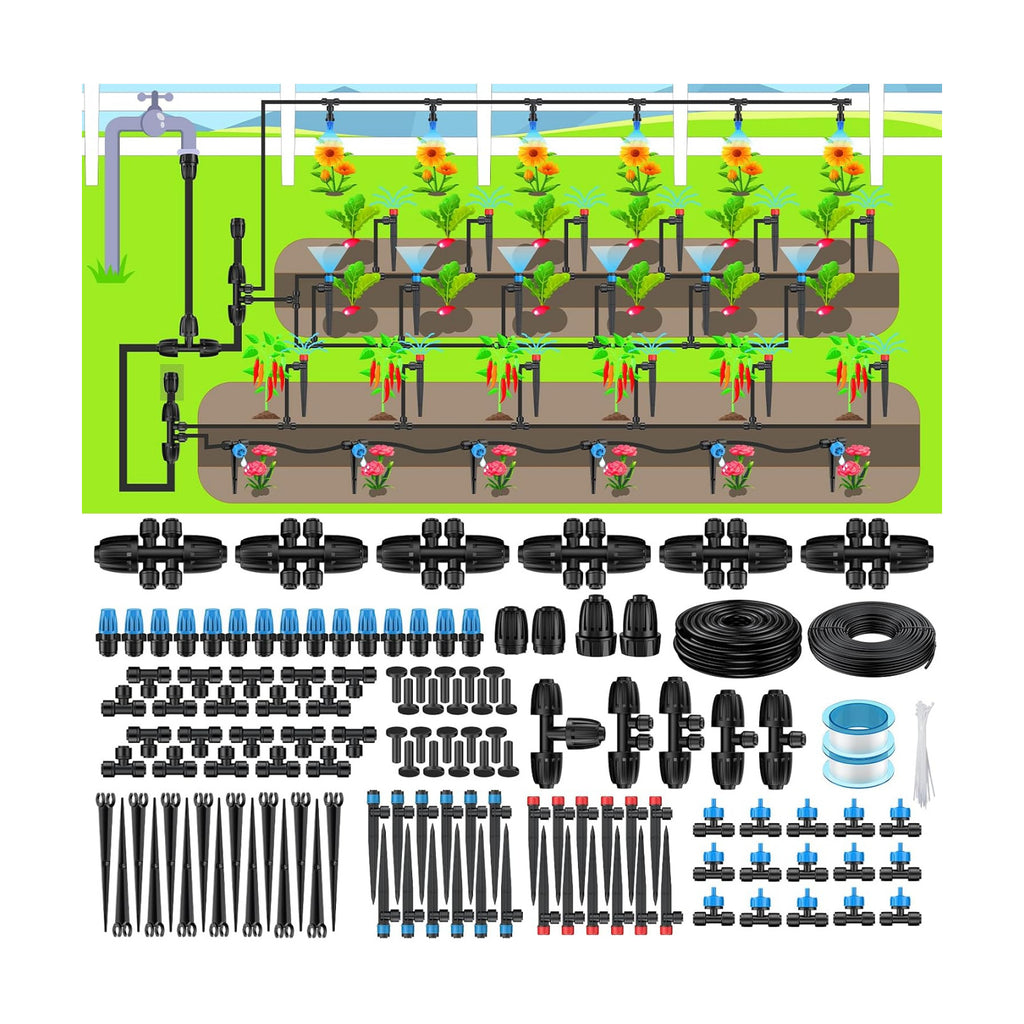 Pawfly 250 ft Drip Irrigation System, Quick-Connect Drip Irrigation Kit with 50ft 1/2" & 200ft 1/4" Tubing and