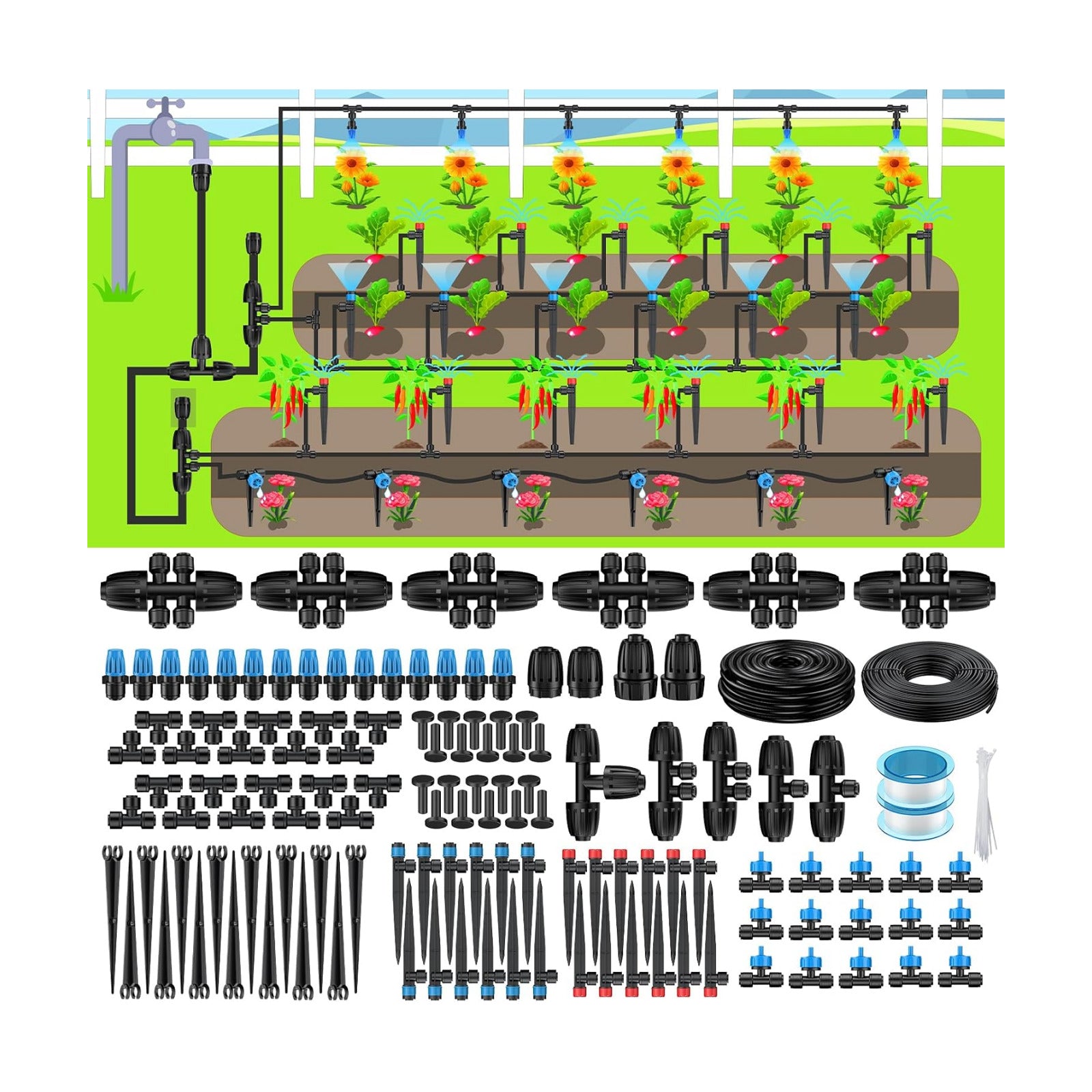 Pawfly 250 ft Drip Irrigation System, Quick-Connect Drip Irrigation Kit with 50ft 1/2" & 200ft 1/4" Tubing and