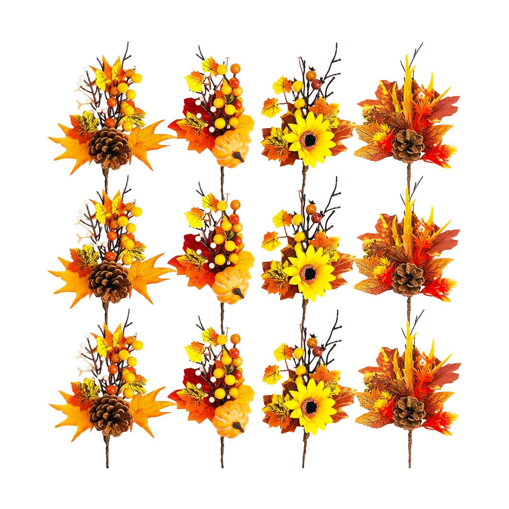 12 Pcs Fall Floral Picks, 12” Autumn Pumpkin Berry Picks Maple Leaves Stems Artificial Fall Flower for Harvest Halloween Thanksgiving Christmas DIY Home Table Decor