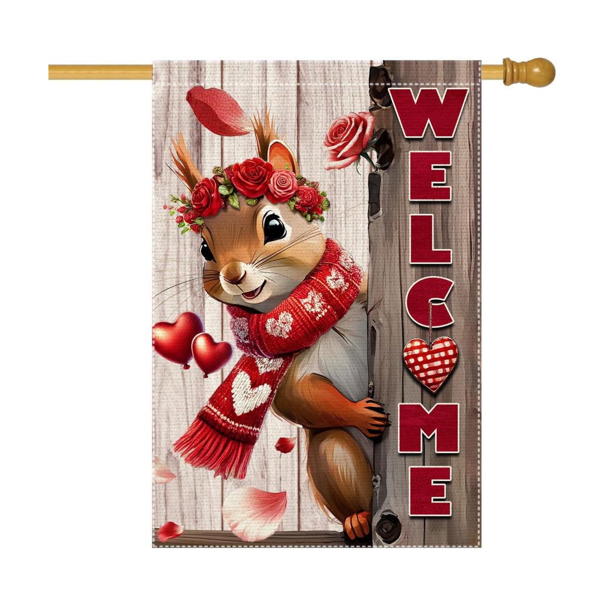 Valentine’s Day Garden Flag 28x40inch Double Sided The Squirrel Red Love Heart Rose Valentine’s Garden Flags For Home Outdoor Yard Patio Lawn Decor,Welcome Valentine Garden Outside Decorations Banner