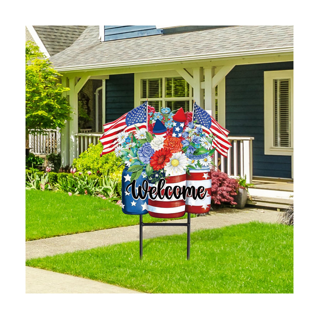 JarThenaAMCS Patriotic Flower Metal Garden Stakes 4th of July American Flag Floral Vase Decorative Lawn Sign Welcome