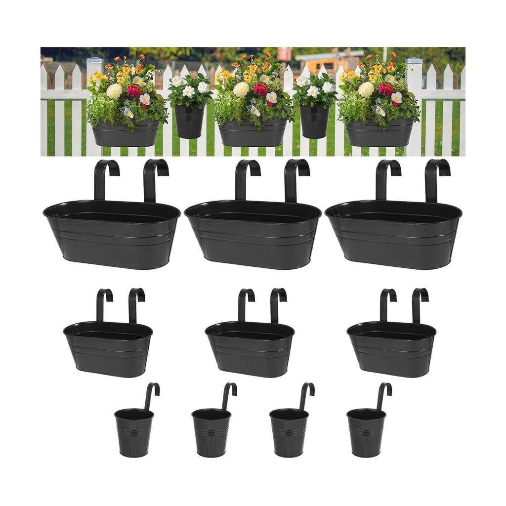 3 Different Size Metal Iron Hanging Flower Pots 10 Pcs for Outdoor Plants Metal Hanging Bucket Pots Iron Railing Fence