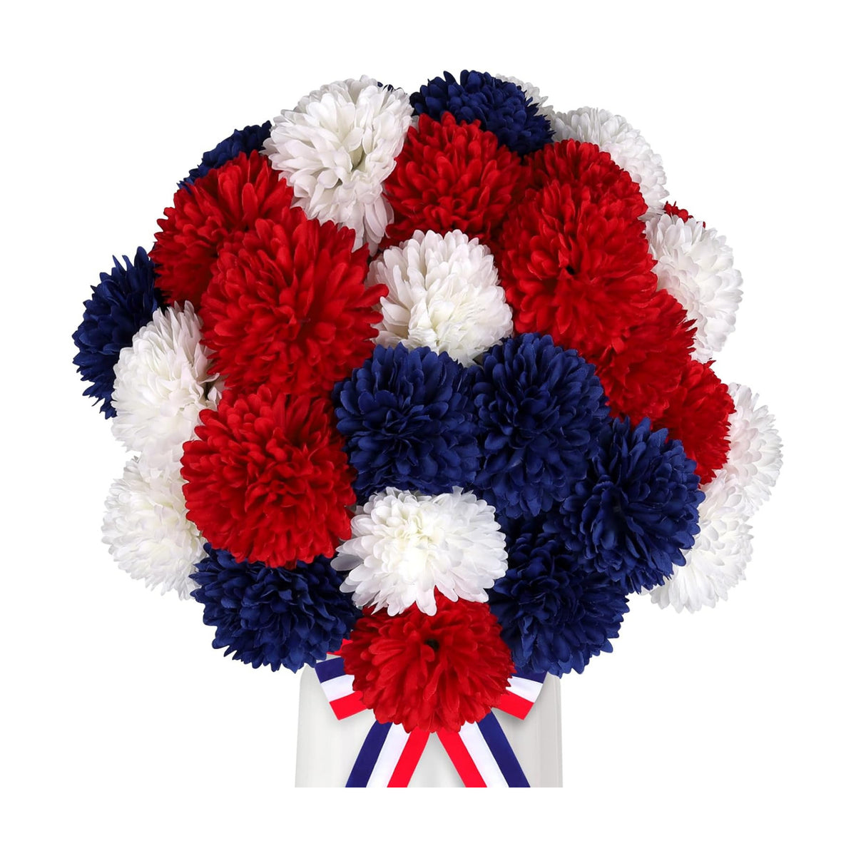 36 Pcs Artificial Chrysanthemums Flowers Patriotic Flowers Decor 4th of July Fake Silk Flowers Bouquet for Home Decor Indoor Memorial Day Table Centerpiece (Red, White, Blue)