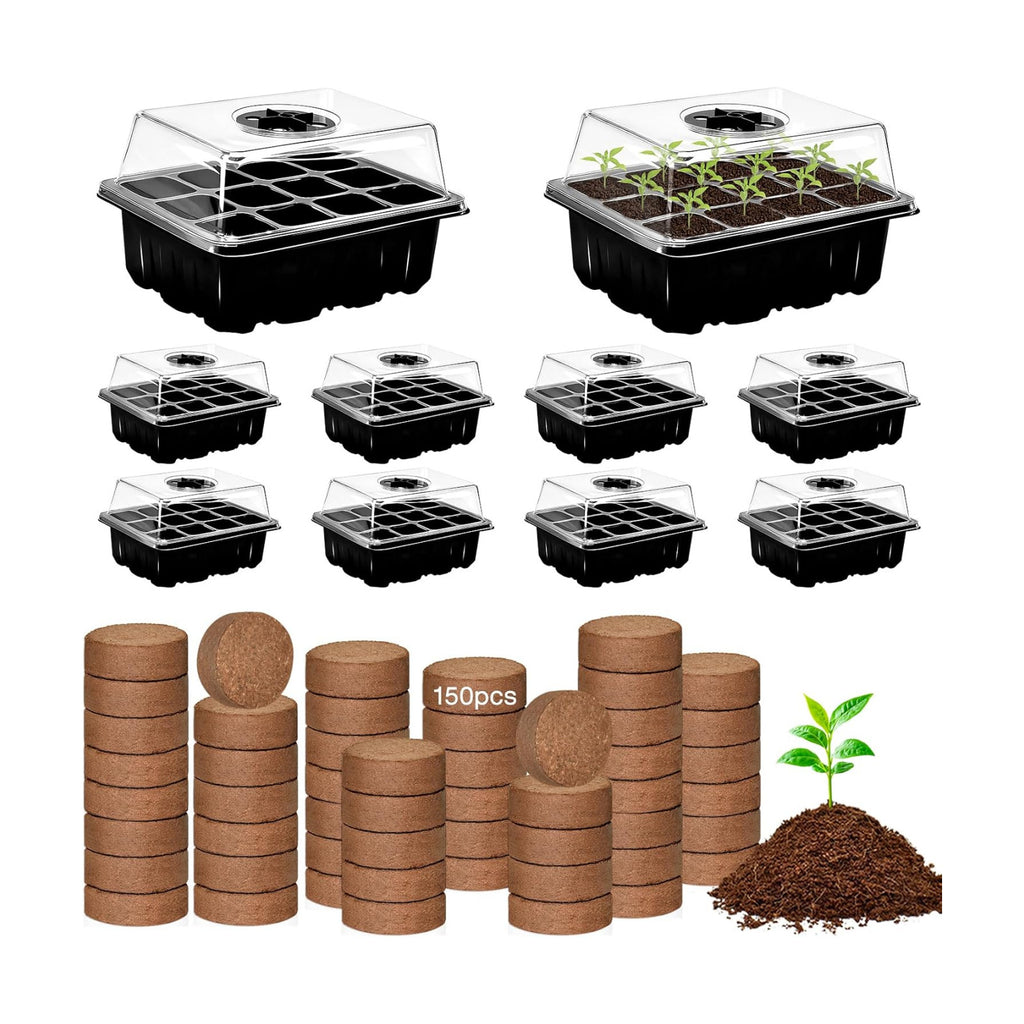 10 Set Seed Starter Tray Kits with 150 Pack Coco Coir Pellets | Adjustable Humidity Seed Germination Trays, Mini