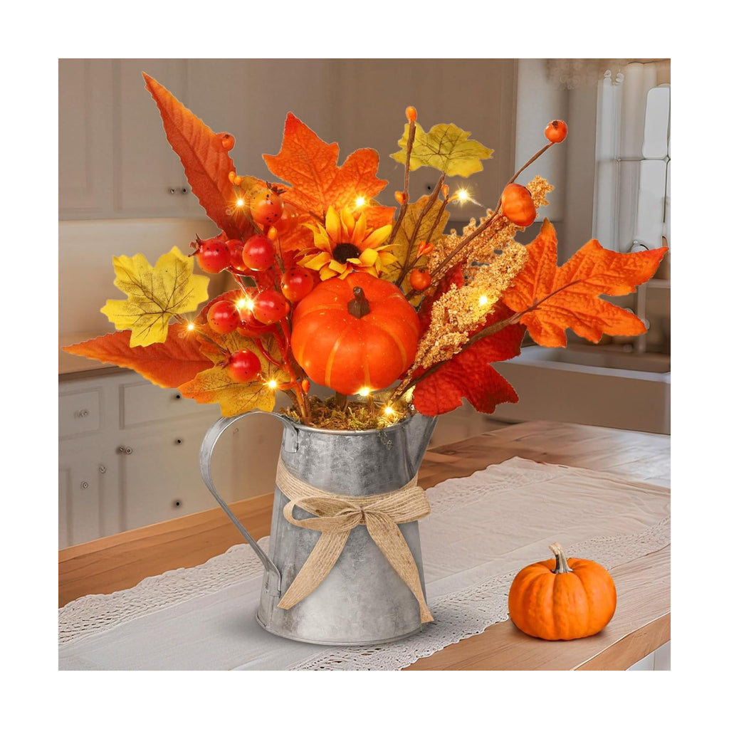 [Light & Timer] Fall Decor Table Centerpiece Rustic Metal Milk Jug with Artificial Orange Maple Tree Pumpkin Sunflower Wheat, Fall Floral Arrangement Decoration for Home Kitchen Autumn Thanksgiving