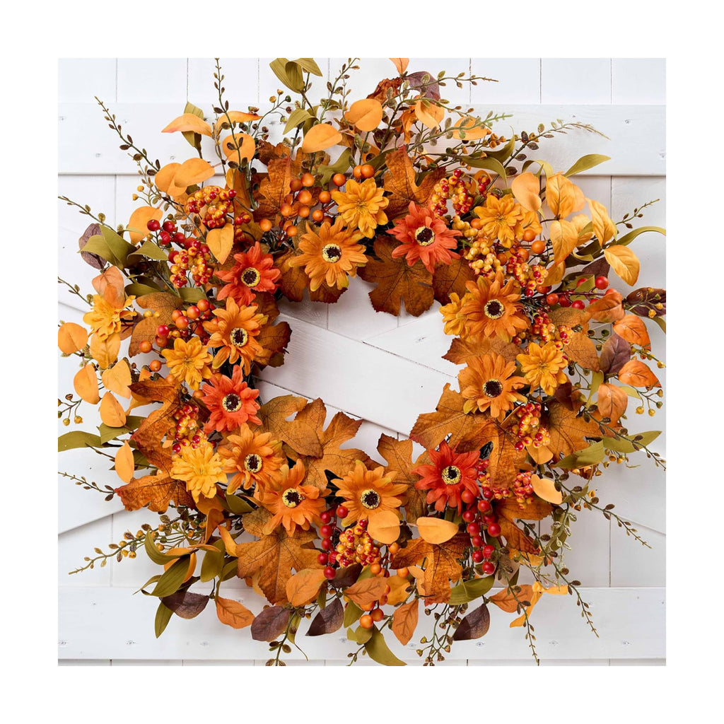 Artificial Fall Wreath 22 Inch Fall Wreaths for Front Door with Orange Berries Daisies Eucalyptus Leaves Autumn Door Wreaths for Thanksgiving Harvest Festival Wall Porch Farmhouse