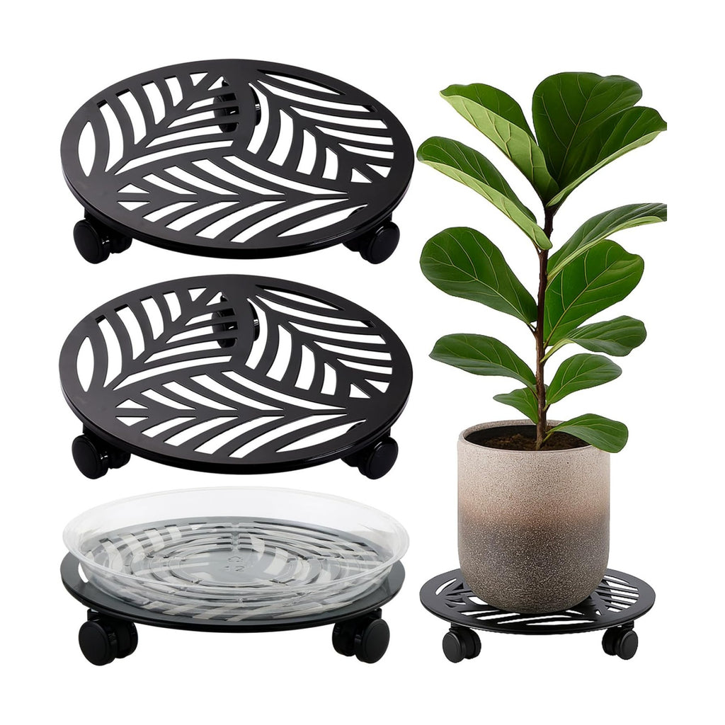 2 Packs Large Metal Plant Caddy with PU Wheels 12" Heavy-Duty Wrought Iron Rolling Plant Stands Indoor Outdoor Wheeled