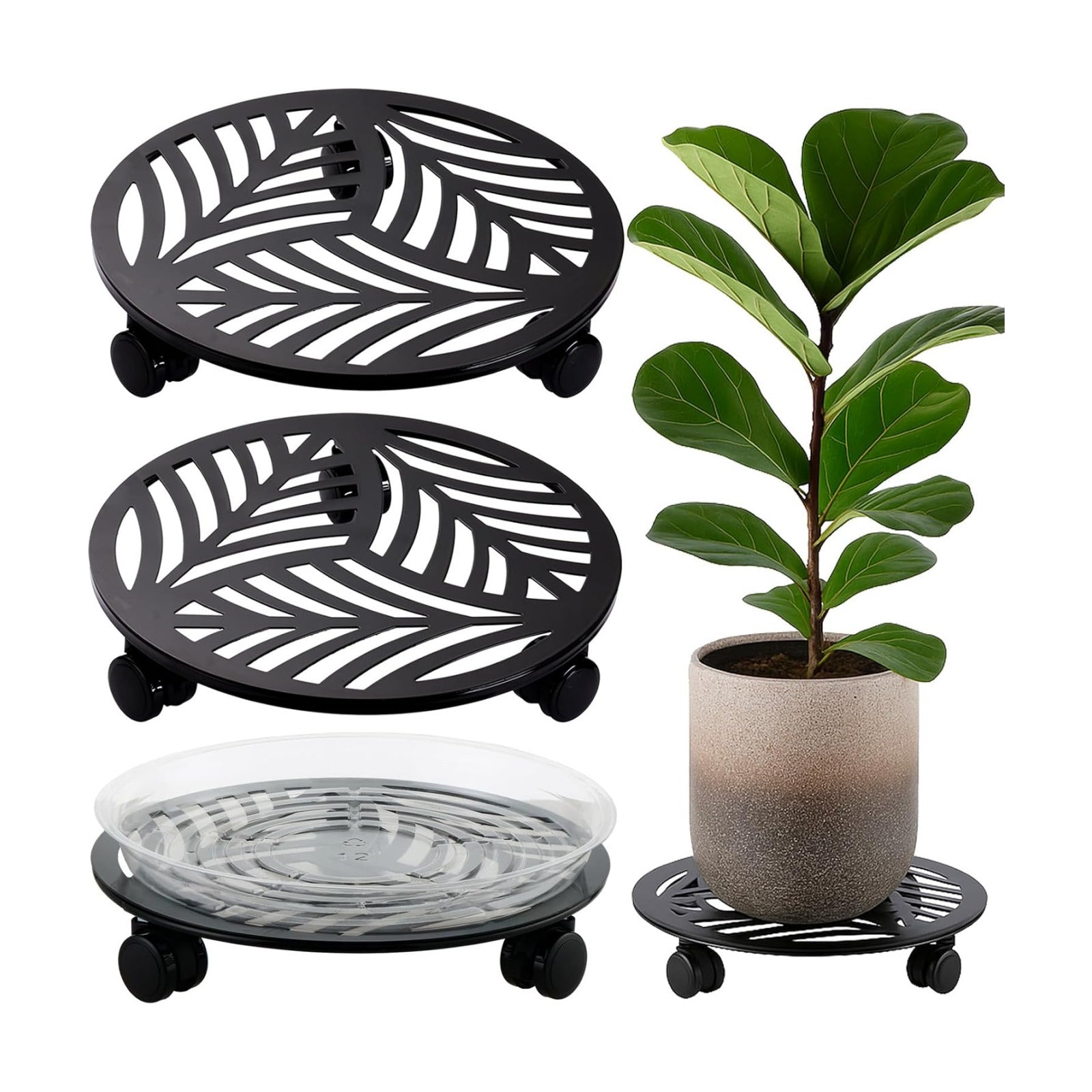 2 Packs Large Metal Plant Caddy with PU Wheels 12" Heavy-Duty Wrought Iron Rolling Plant Stands Indoor Outdoor Wheeled
