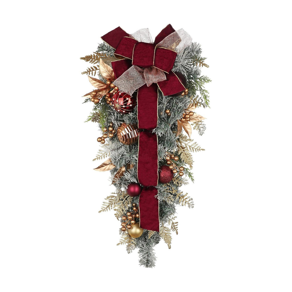 Christmas Teardrop Swag for Front Door with Ornaments, Berries, Bow, 27.5" Christmas Swag Wreath for Stair Window Wall Mantel, Artificial Christmas Swags for Xmas Winter Holiday Decorations, Burgundy