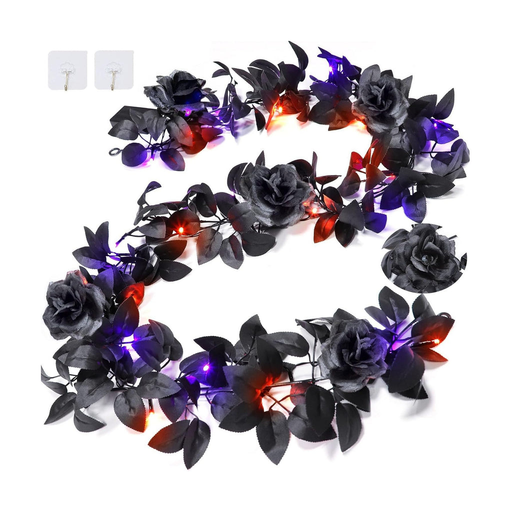 Timer - 6 Ft Halloween Garland with Lights and Black Roses Halloween Decor