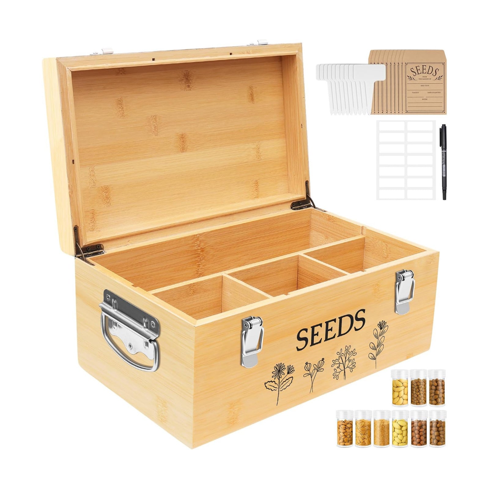 Large Bamboo Wood Seed Storage Organizer Box with Lid,Double-Layer Seal Design Seed Saving Box with 304 Stainless Steel