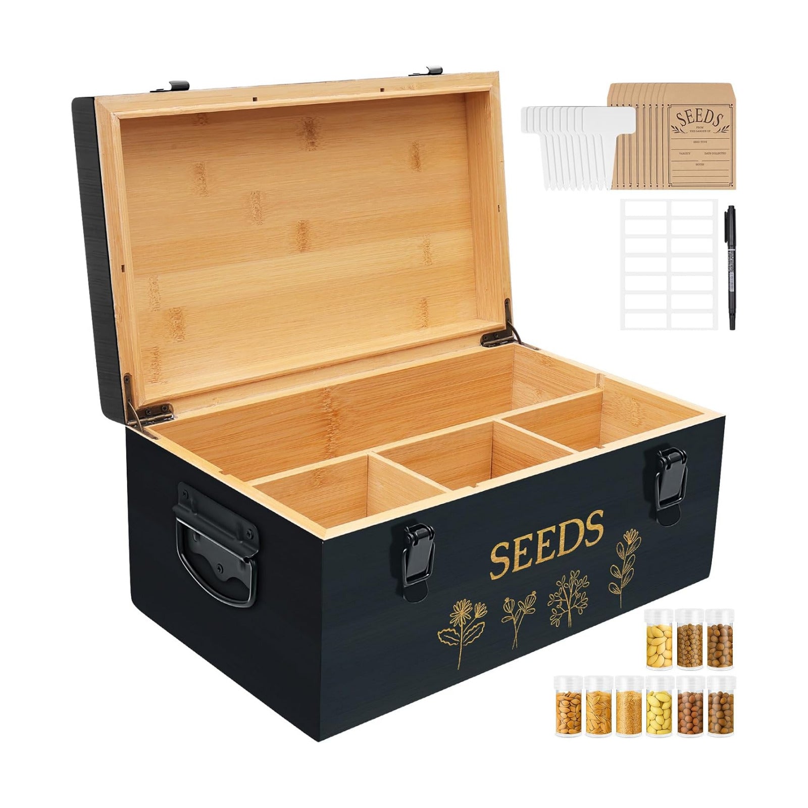 Large Bamboo Wood Seed Storage Organizer Box with Lid, Double-Layer Seal Design Seed Saving Box with Premium Coated