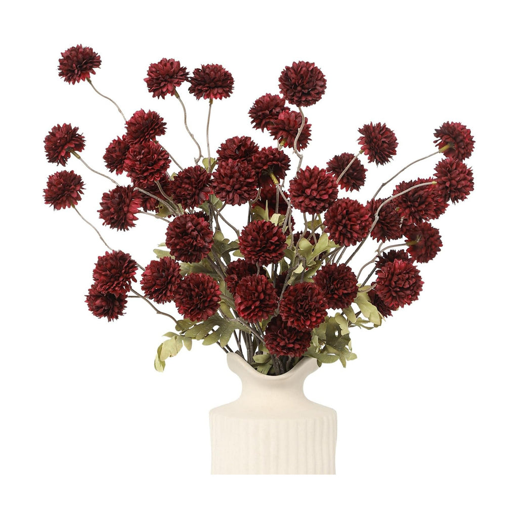 DuHouse 6pcs Faux Silk Pompon Mum Small Chrysanthemum Ball Burgundy