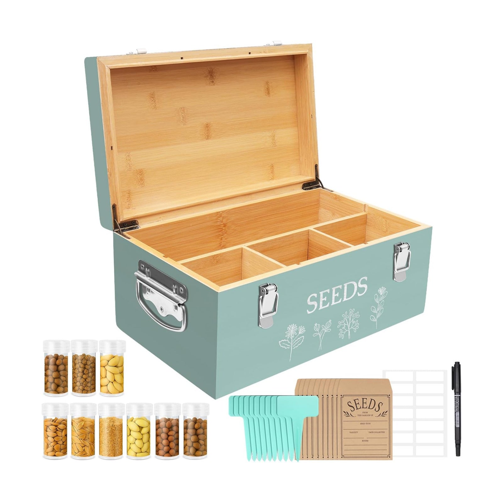 Large Bamboo Wood Seed Storage Organizer Box with Lid, Double-Layer Seal Design Seed Saving Box with 304 Stainless