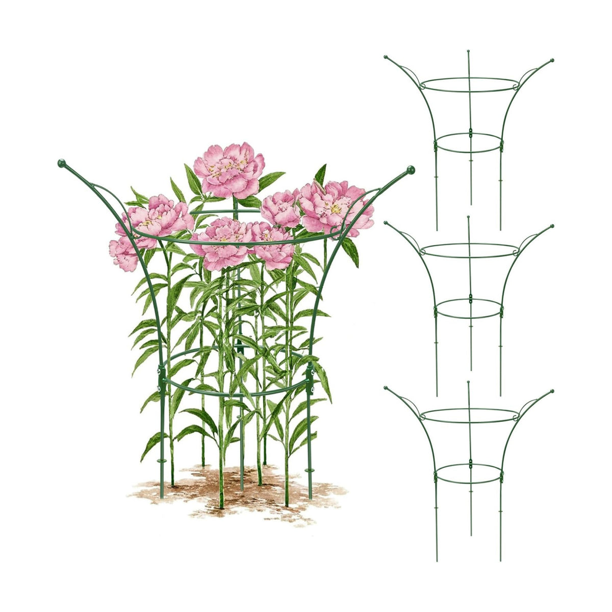 4 Pack Peony Cages and Supports Cages 13" D x 22.8" H Sturdy Metal Support Frame for Peonies & Roses Natural Bouquet Shape Garden Stakes for Outdoor Plants Flowers Ornamental (Green)