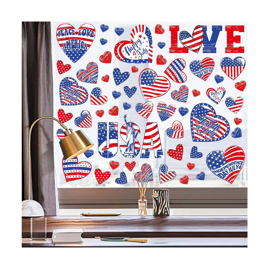 9 Sheets 250 Anniversary USA Stickers, 4th of July Window Clings, Heart Shape Patriotic Window Decals Happy 4th of July Windows Decorations for Independence Day Party