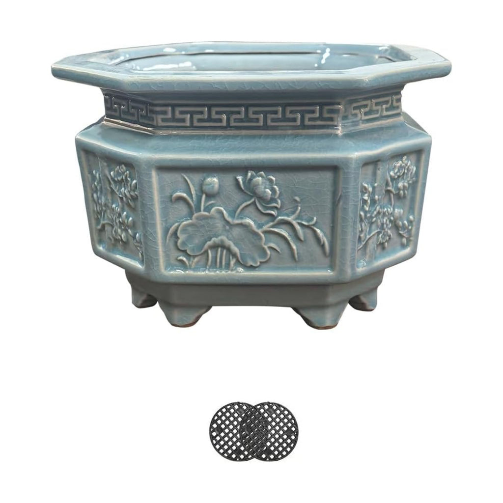 8-Inch Large Octagon Bonsai Pot Light Blue Water Glaze | Ceramic, Handmade,Ceramic Flower Pot, Handmade