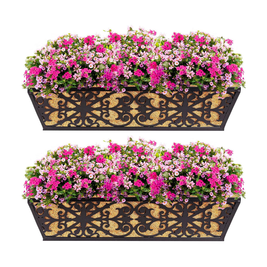 2 Pack 24 Inch Window Boxes Planters Railing Planter Box with Adjustable Brackets & Coco Liners Fabric Plant Grow Bags