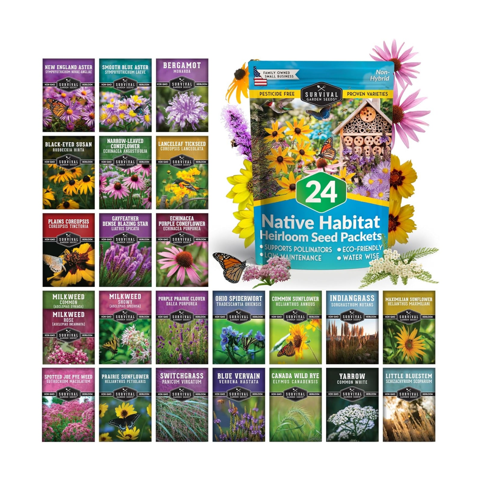 American Wildflower Seeds for Planting - 24 Variety Pack of Native Plants | Native Flowers + Bunchgrasses for Butterfly