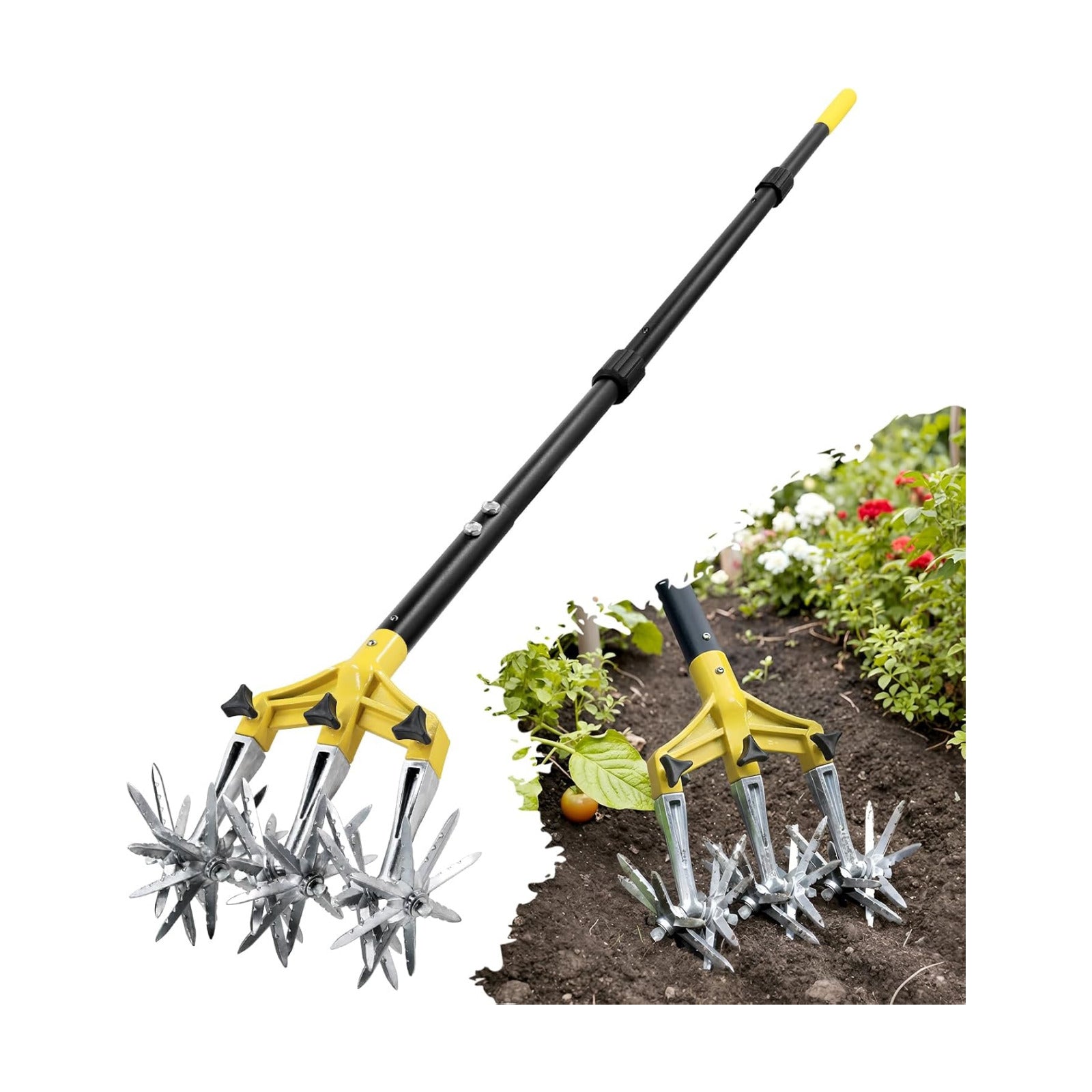 Rotary Cultivator Garden Tool 61’’, Hand Tiller Garden Tool with Detachable Aluminum Tines, Cultivators for Gardening