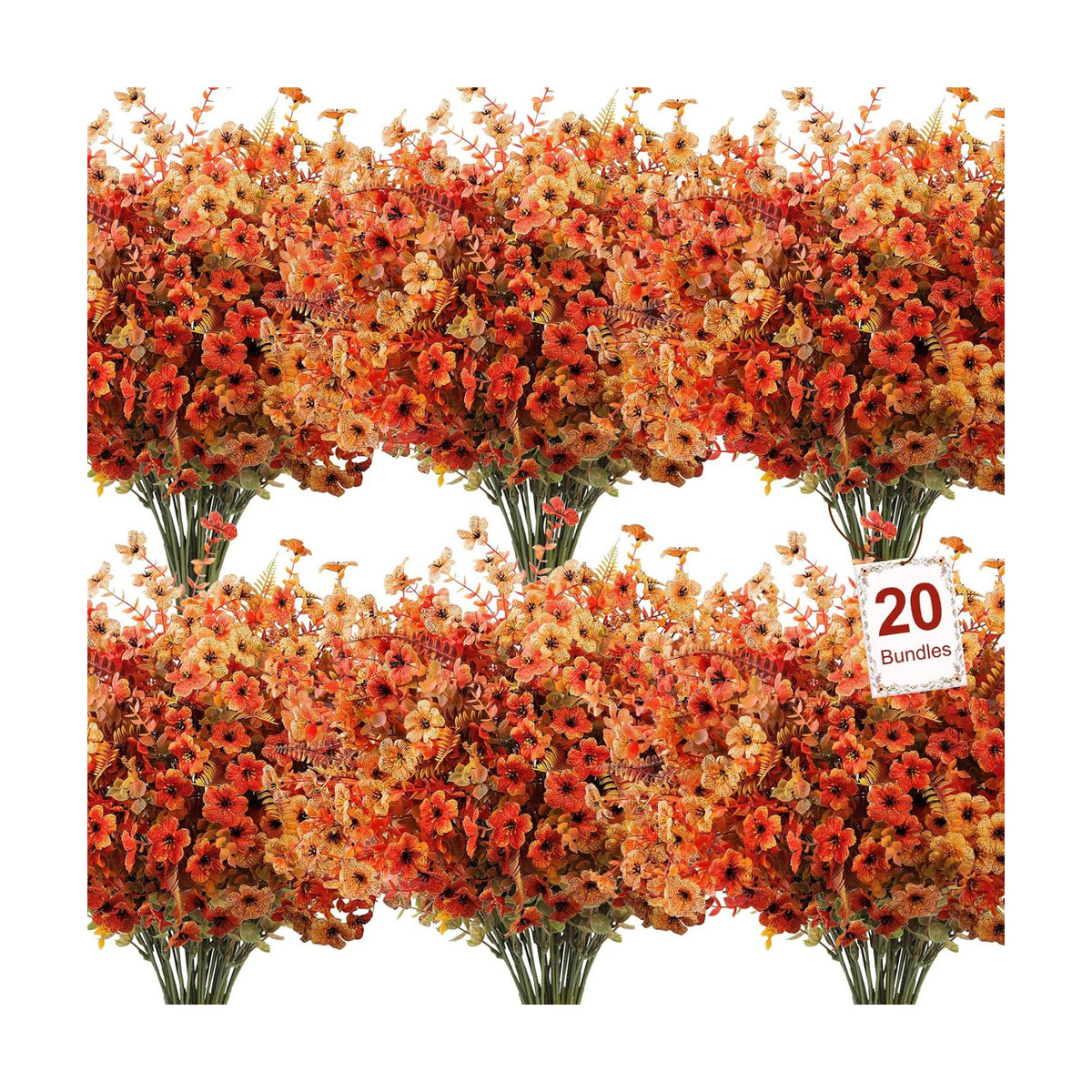 20 Pcs Artificial Fall Flowers for Outdoors Fake Mums, Mixed Orange