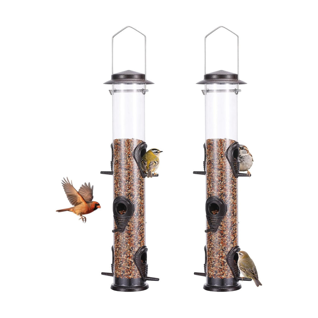 MIXXIDEA 2PK Metal Bird Feeders with 6 Feeding Ports,Tube Bird Feeder with Steel Hanger,Hard Plastic Wild Bird Feeder for Outdoors Hanging, Attracting Birds in Your Lawn, Garden, Balcony (Coffee)
