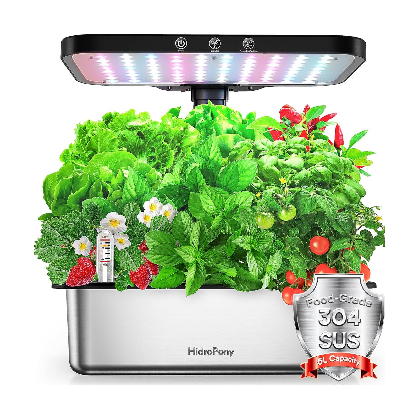 Stainless Steel Hydroponics Growing System kit Indoor Garden: 15 Pods Herb Garden with 24W Full Spectrum Grow Light